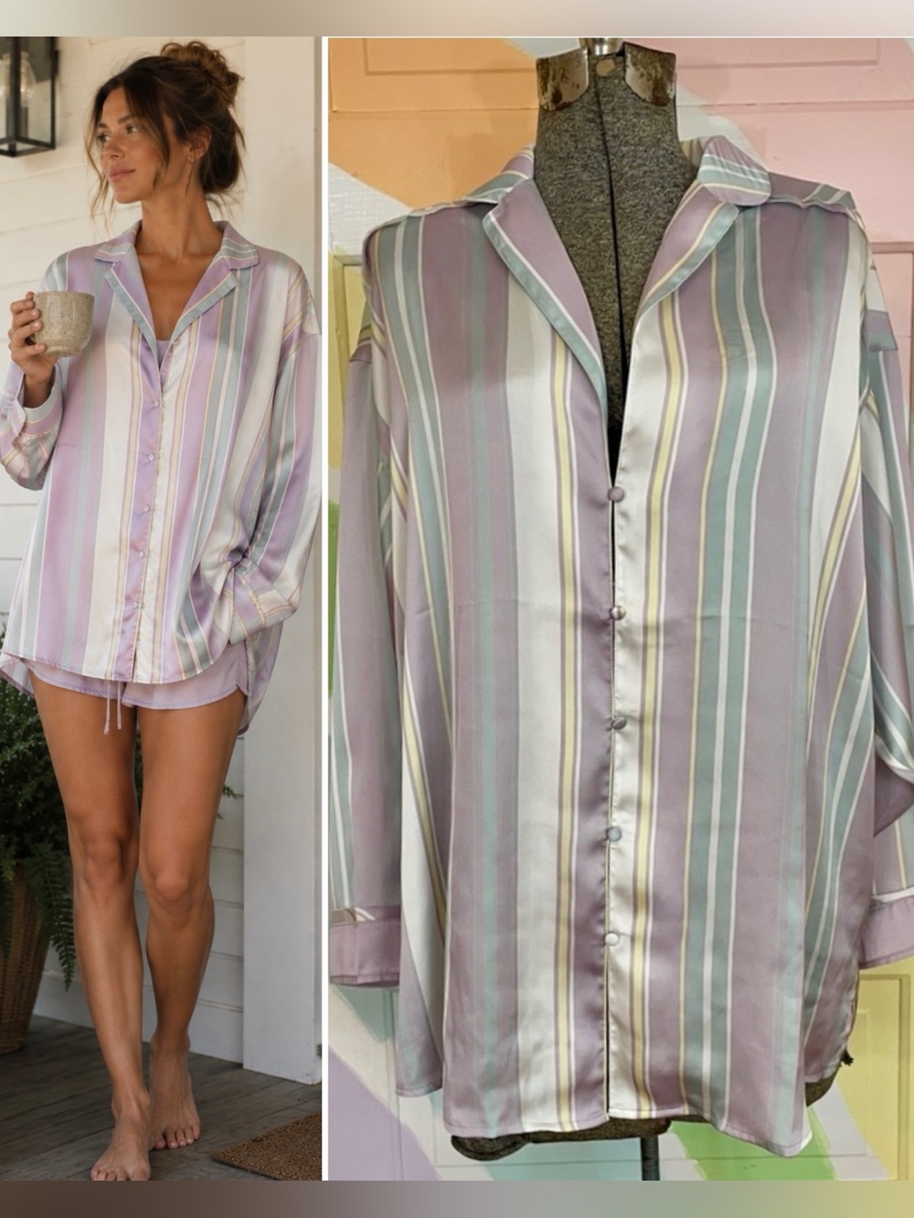 Free People Dreamy Days Satin Oversized Pastel Stripe Pajama Shirt Top XS 💛🎀